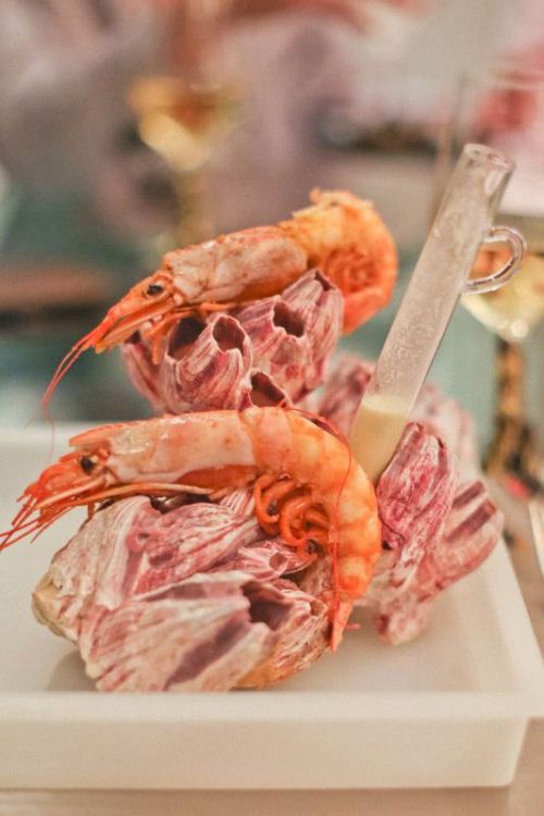 Champagne soup-- to be taken as a shooter & lightly seared Argentinean shrimps