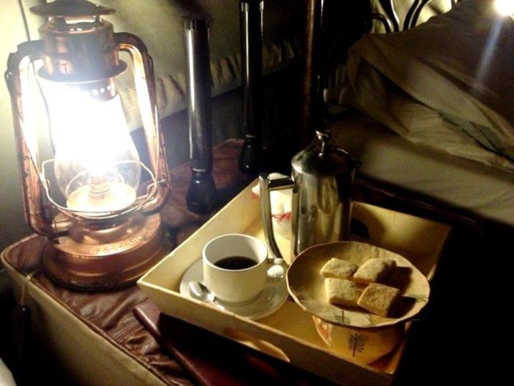 Morning coffee is sent to the tent as our "wake up call" at 5AM. We start our first game drive early since it's not safe to end late as well