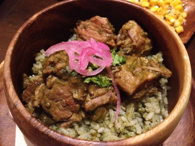 Chile Verde con Aroz (P280)-- pork stew in green tomatillo, onion and jalapeno sauce served with cilantro rice-- this is Erika's favorite dish, and I had only a spoonful but it was very good