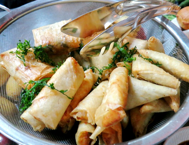 Banana Heart and Ground Pork Triangles with Spicy Vinegar Dip; Sotanghon and Woodear Mushroom Rolls with Sweet Chili Sauce; Winged Bean and Shrimp Squares with Soya-Vinegar Dip