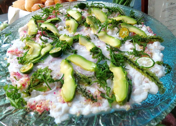 Kilawin topped with avocado, shallots, ginger, dayap and leeks