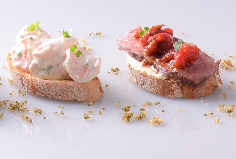 Gambas Aioli (left) and Roast Beef (right) pintxos