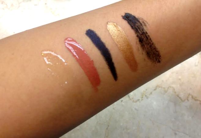 L-R: The Gloss in Barely Gold, The LipColor in Smoked Blush, The Kajal Crayon in Near Night, The Eyeshadow in Smoked Gold, The Mascara in Black Black