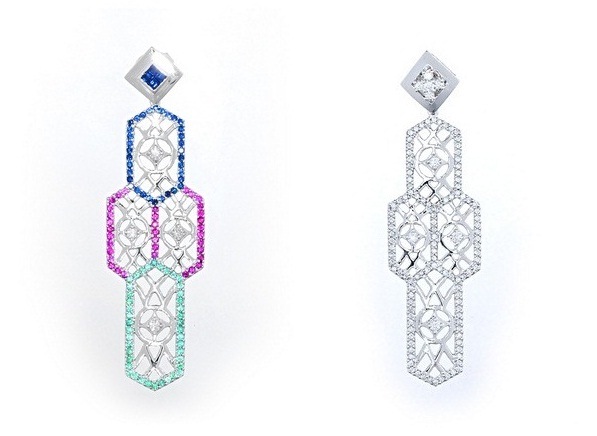 Metropolitan Cathedral diamond and precious stones earrings, 1.18 carats blue sapphire, 0.94 carats of ruby, 0.81 carats of tsavorite, and 0.32 total carat weight of diamonds, set in white gold; Metropolitan Cathedral diamond earrings, 2.10 total carat weight, set in white gold