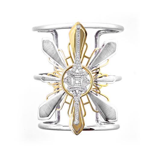 Three Stars and a Sun diamond cuff, 1.00 total carat weight, set in white and yellow gold
