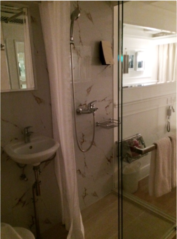 The shower area is separated from the toilet and sink with a curtain