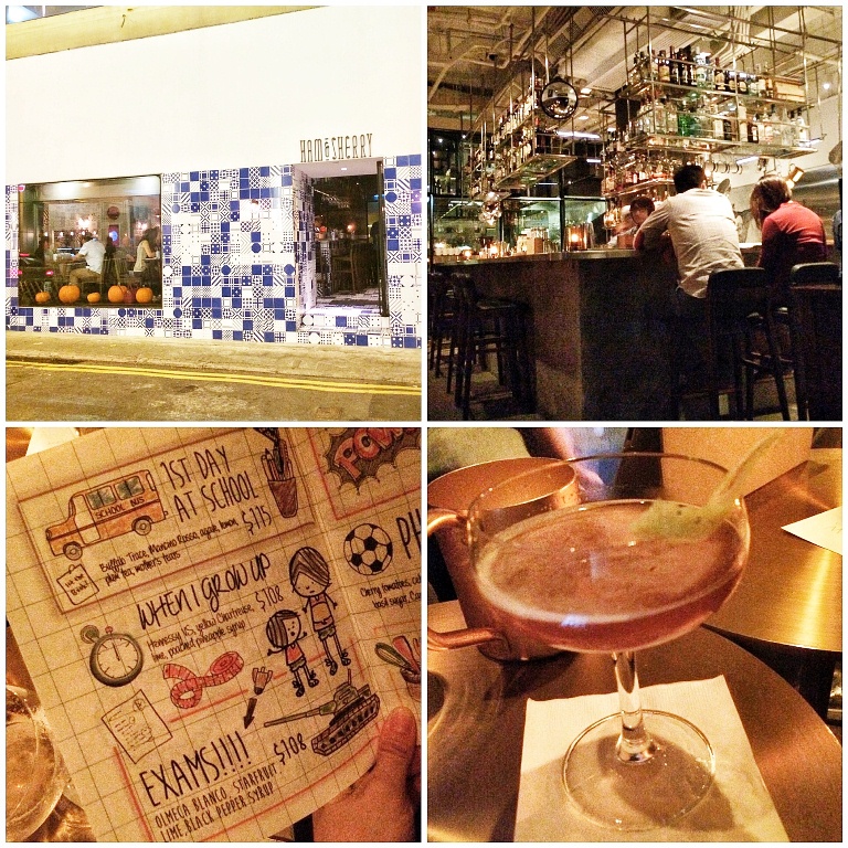 The blue & white tiled wall lead to the entrance of Ham & Sherry. However, the "secret bar" can be accessed by the side entrance. Menus are written in school notebooks and I am in love with the 1st Day at School-bourbon based cocktail!