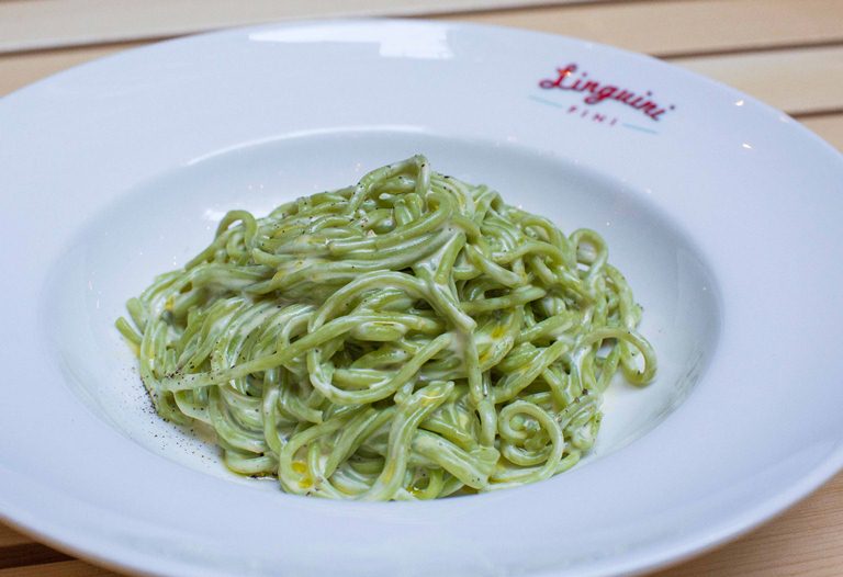 What's Linguini Fini without the linguini fini?! This grass-infused one served with goat's cheese fonduta is one creamy plate of comfort! And I try not to eat carbs and dairy!