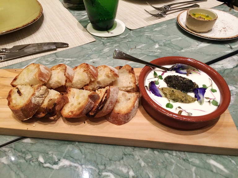 Start your meal with this gorgeous Whipped Italian Ricotta with a Duo of Tapenade, served with ciabatta bread