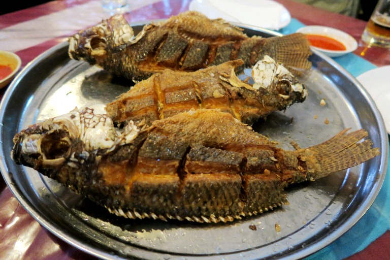 Fried tilapia from South Rift Valley Restaurant. It's fried to a crisp, with a squeeze of lime (if you like) and then dipped into chili... mmm!