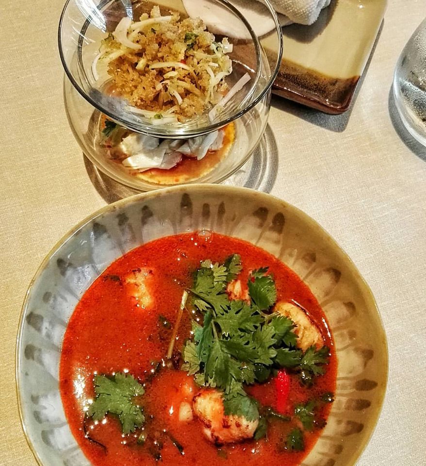 Benjarong, Dusit Thani Bangkok- Yam Pla Duk Foo Deconstructed- Tom Yam Custard with Crabmeat and Crispy Catfish Salad