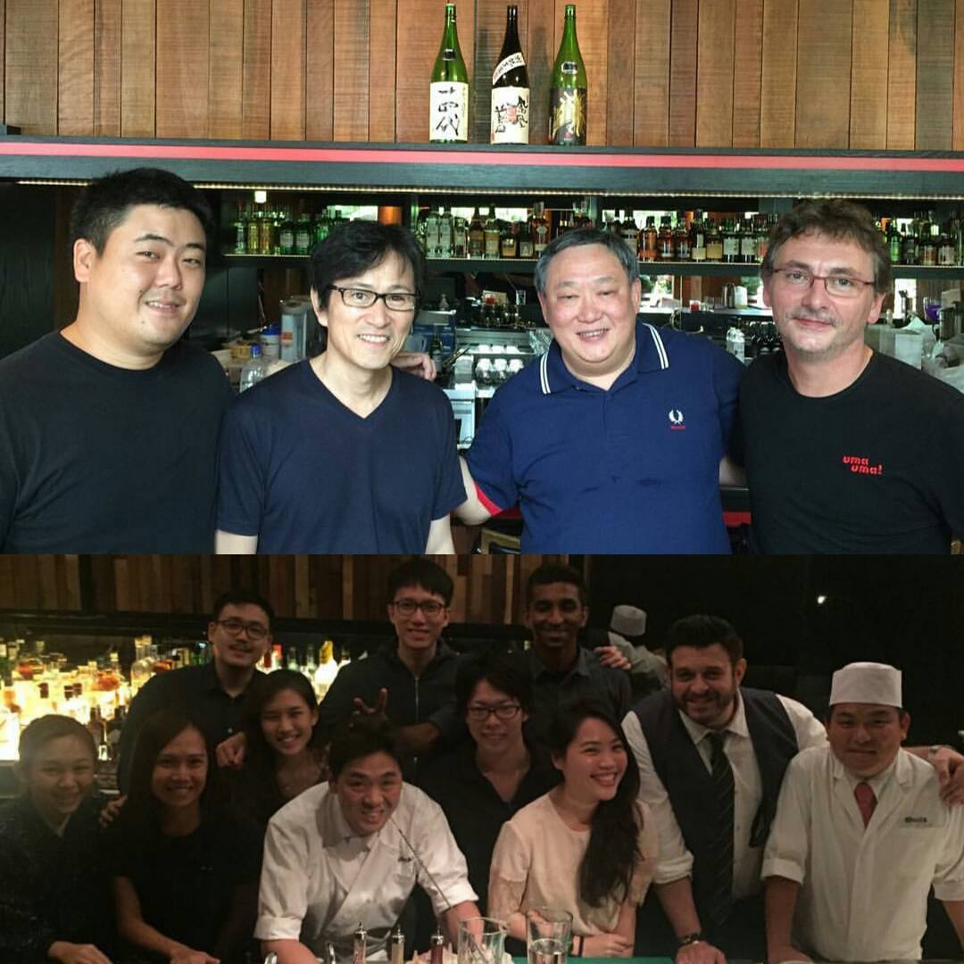 Top: Russell Yu, Uma Uma founder Masahiko Teshima, Ignatius Chan and Andoni Aduriz of Mugaritz at Uma Uma Singapore-; Bottom: Adam Richman of Man vs. Food at Horse's Mouth Singapore