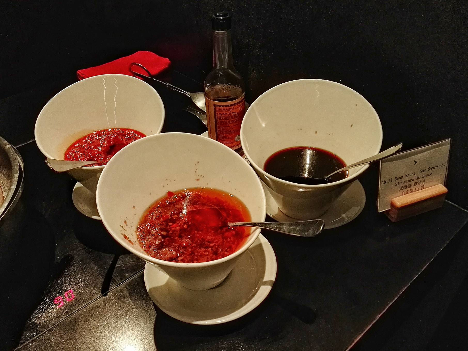 Chili Oil, XO Sauce and Soy Sauce at Cathay Pacific Business Class Lounge- The Bridge- Hong Kong