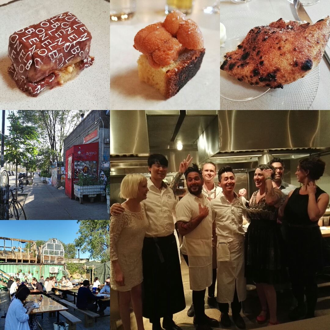 From L-R: Foie gras withchocolate coating by Hyun Seok Choi; Hokkaido sea urchin on brioche made with miyeokguk seaweed) butter topped with sea salt by Jinmo Jang; 3) Steaming hot pizza bread made from Roberta's pizza dough as our bread course by Carlo Mirarchi; the entrance to Roberta's/ Blanca's; after service with the chefs and front of house