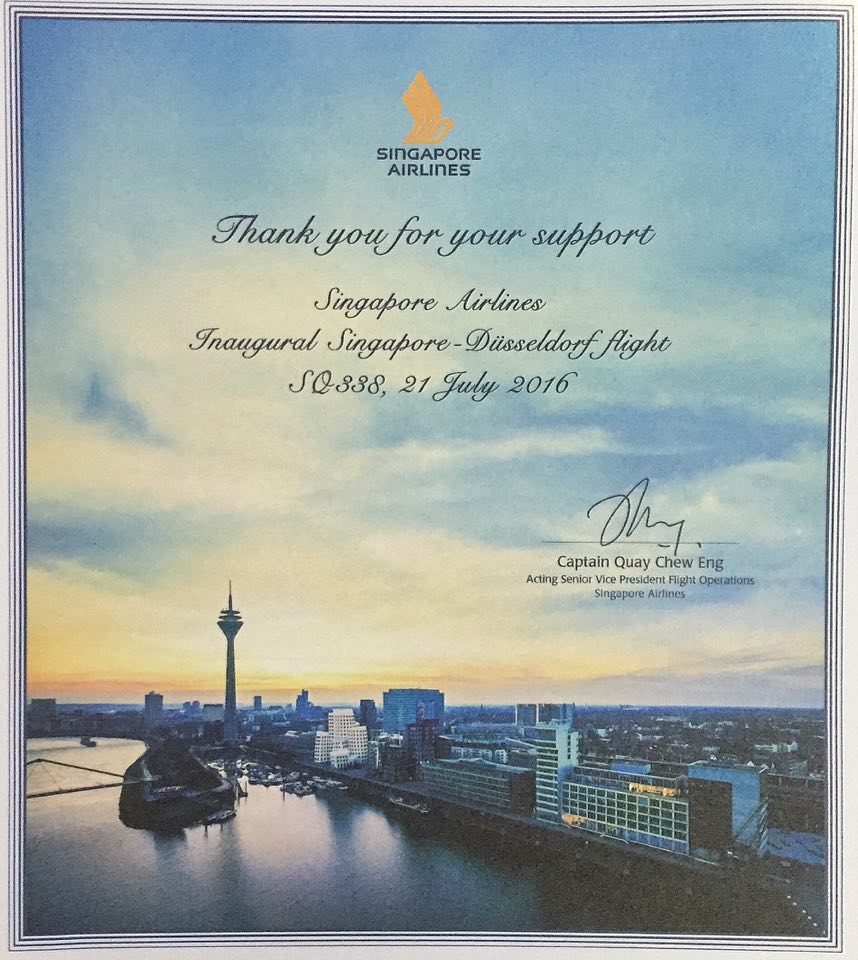 Singapore Airlines Inaugural Flight To Dusseldorf, Germany- July 21, 2016
