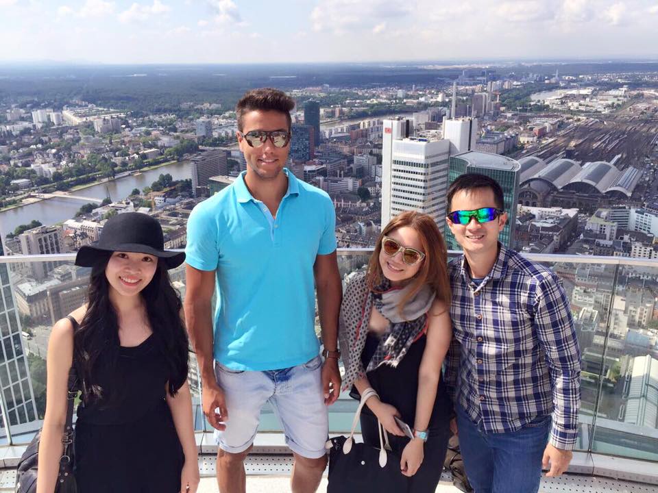 On top of the Main Tower overlooking the city of Frankfurt with May Seah of Today Newspaper (Singapore) and Singapore Airlines' Luke Wenninger and Stefan Loe