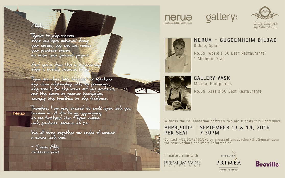 Nerua and Gallery Vask Collaboration Dinner in Manila, Philippines, Presented by Cross Cultures by Cheryl Tiu- September 13 and