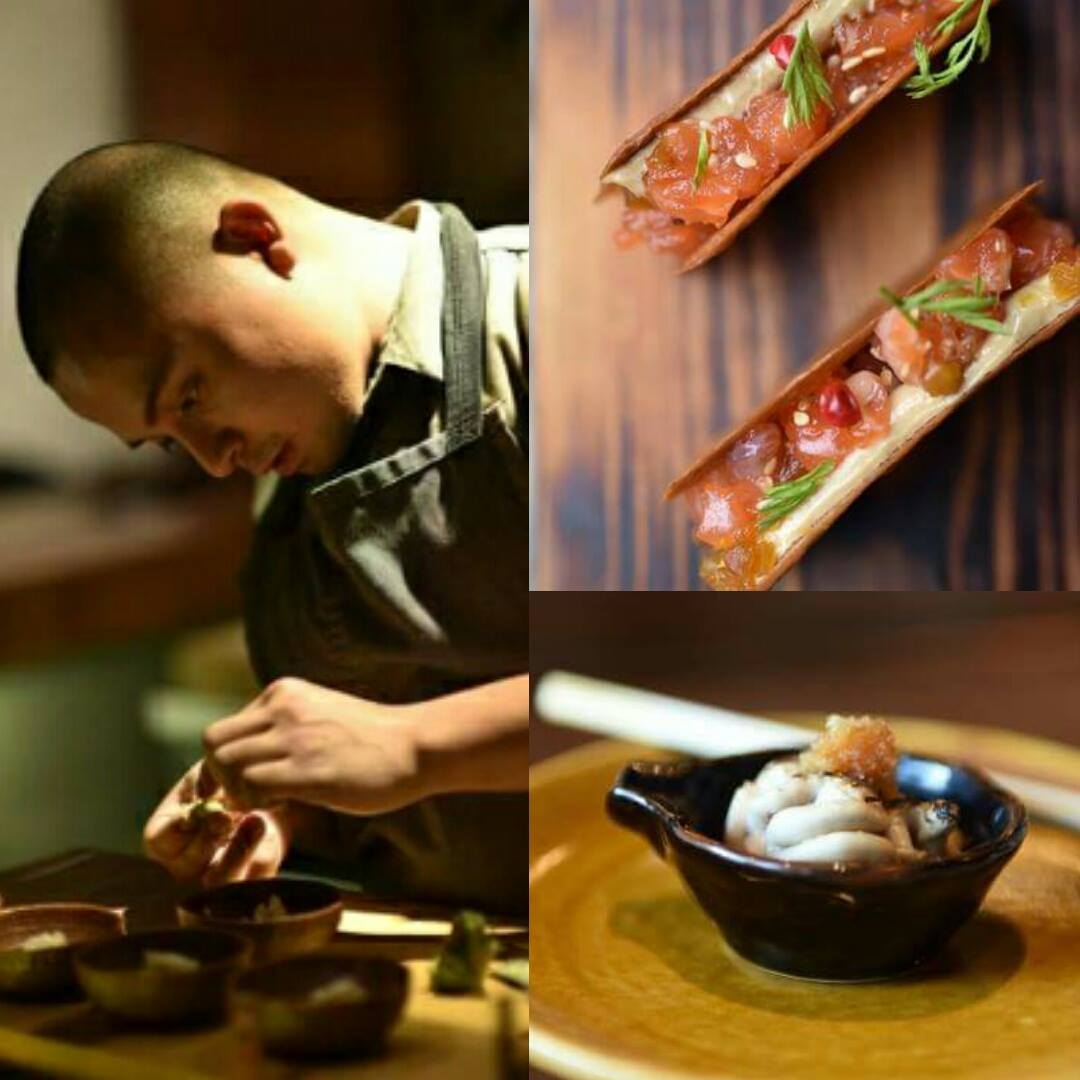 Bruce Ricketts and two of his dishes at Mecha Uma: Salmon Sandwich and Shirako on Toast (Photo courtesy of Moment Group)