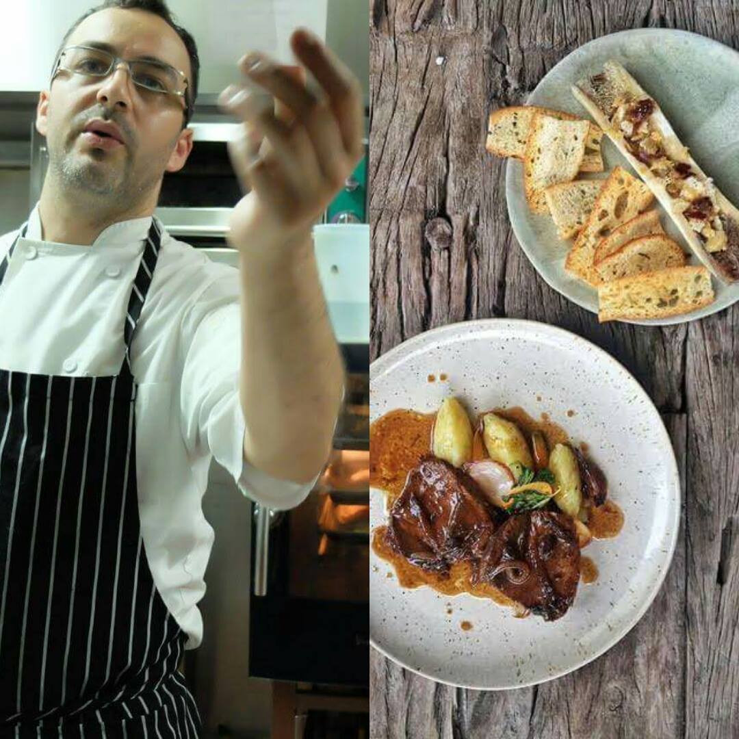Carlos Garcia and one of his dishes at The Black Pig in Alabang: Blackmore beef neck, carrot purée, crushed potato, kamias marmalade (Photo courtesy of The Black Pig)