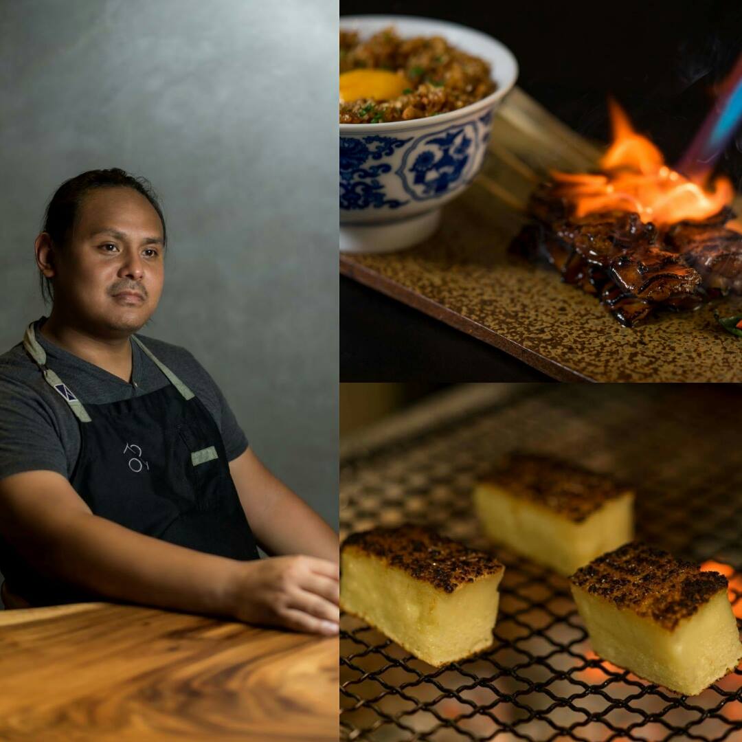 Jordy Navarra and two of his signatures at Toyo Eatery: Three-Cut Pork BBQ with Toyo Eatery Silog; Grilled Cassava Cake (Photos courtesy of Toyo Eatery)