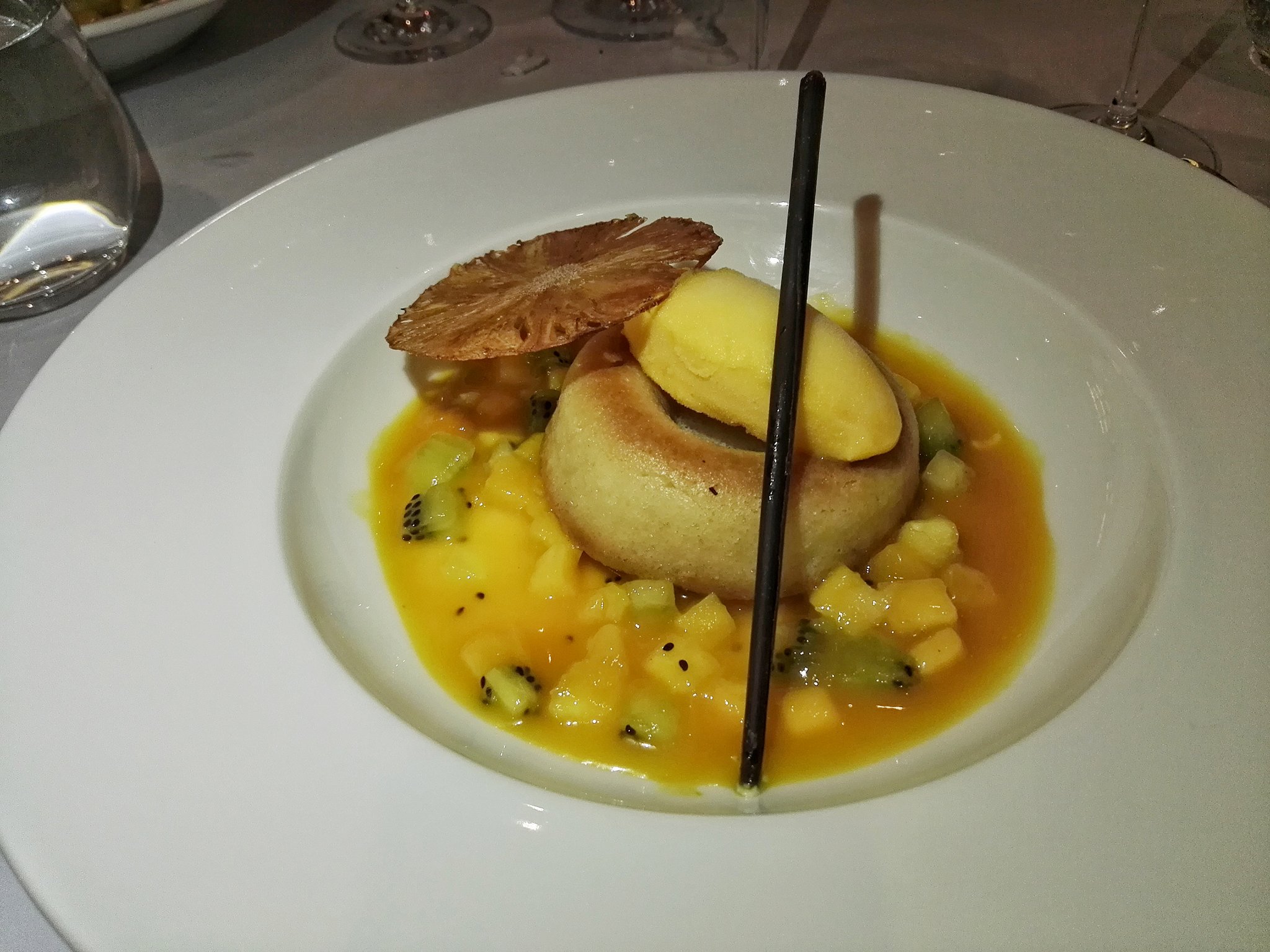 Rum Baba, Coconut and Lime Panacotta, Exotic Soup, Mango and Passioin Fruit Sherbet