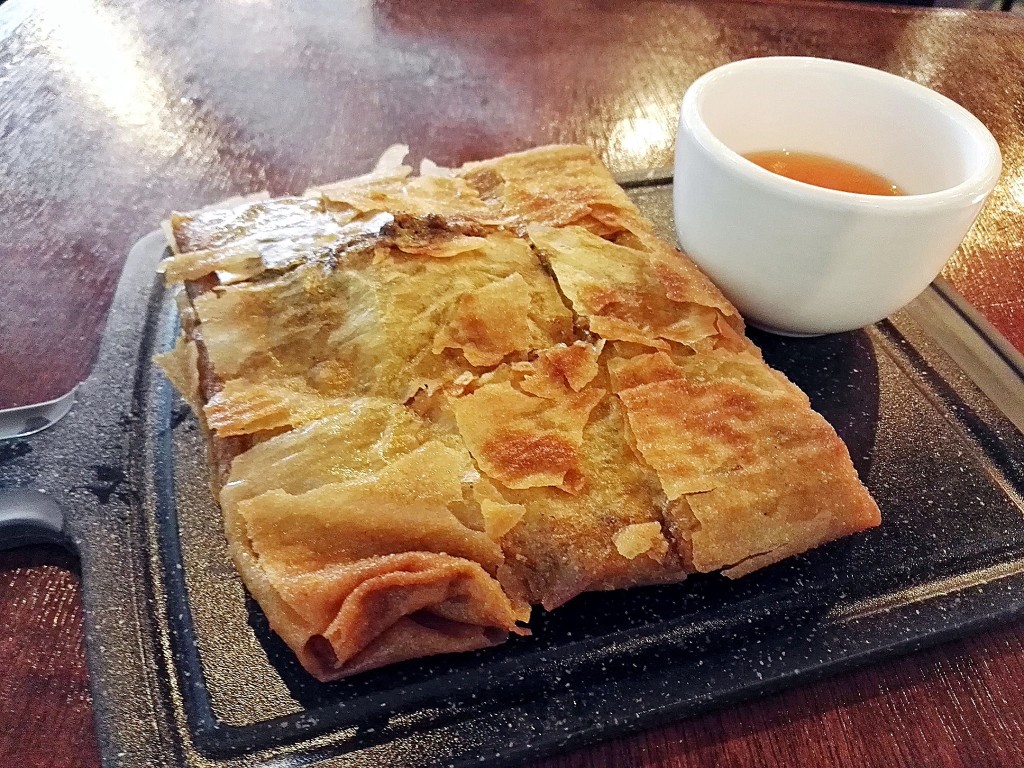 This beef martabak (savory pancake) is da bomb! Pan-fried to a crisp, alright. IT takes 15-20 minutes to prepare so order ahead. They also have a chicken filling. 