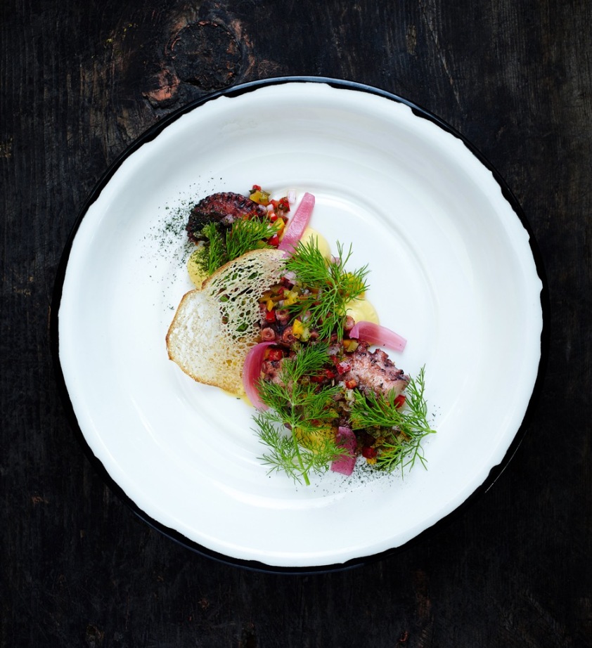 Ahtapot Gambilya: Grilled octopus, gambilya fava, pepper salsa, pickled onions (Photo courtesy of Neolokal)