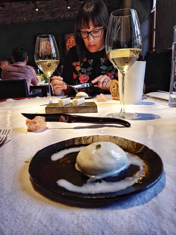 Lightly flame-kissed burrata with my dear lunch date Naiara Ortiz of Nerua. The lunch was extra special because of her company! (Photo by Cheryl Tiu)