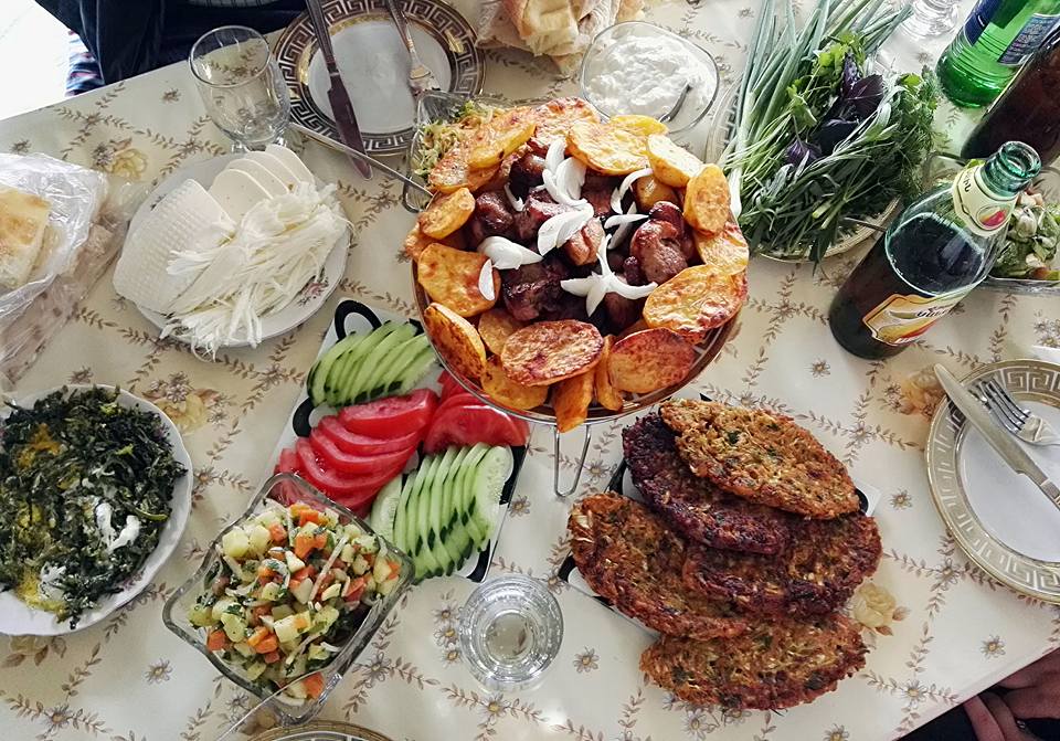 The Armenian table is often packed with vegetables & fresh produce (often grown in villages and backyards across the country) and centers around BBQ (khoravats), usually pork. We had this home-cooked lunch at the home of an Armenian family as part of our day trip tour to the Lori region in the northern part of the country. (Photo by Cheryl Tiu)