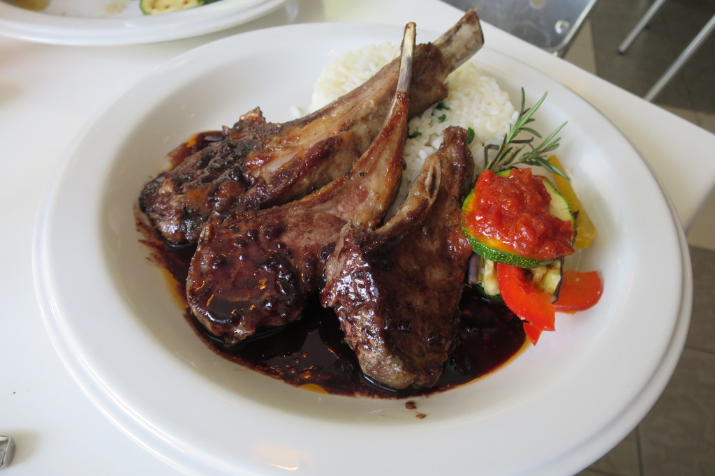 Costolette D'Agnello Grilled lamb chop, red wine mint sauce, parsley rice pilaf