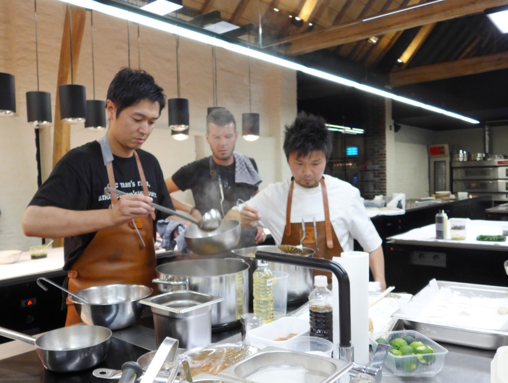 For dinner, Florilege's Hiroyasu Kawate and Den's Zaiyu Hasegawa take over the kitchen with Hertog Jan's Gert de Mangeleer. It must be noted that Yusuke Takada was also so kindly helping out in the kitchen. (Photo by Cheryl Tiu)