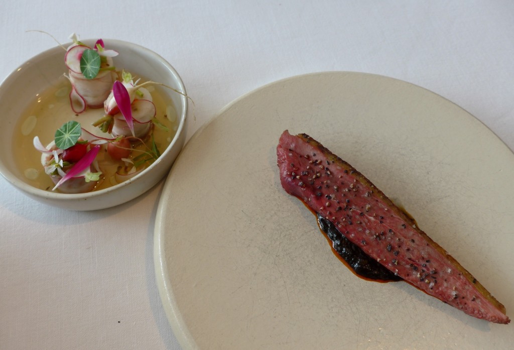 A Japanese-Flemish collaboration: duck prepared by Takada served a perfectly cooked aged duck breast with a smoked eel sauce which he served with ‘burnt’ paprika while Gert complemented the dish with duck liver, eel and young radish