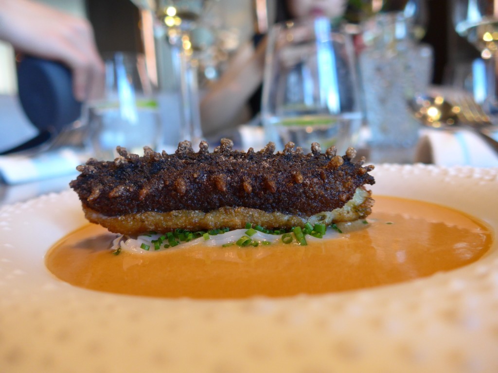 VEA's Roasted Sea Cucumber stuffed with flowery crab, served with rice noodles and chicken fat (Photo by Cheryl Tiu)