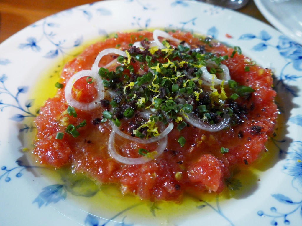 Esqueixada-- wahoo (*a type of fish similar to king mackerel) crudo, served with tomato, pearl onion, black olives-- was so fresh and wonderful. (Photo by Cheryl Tiu)