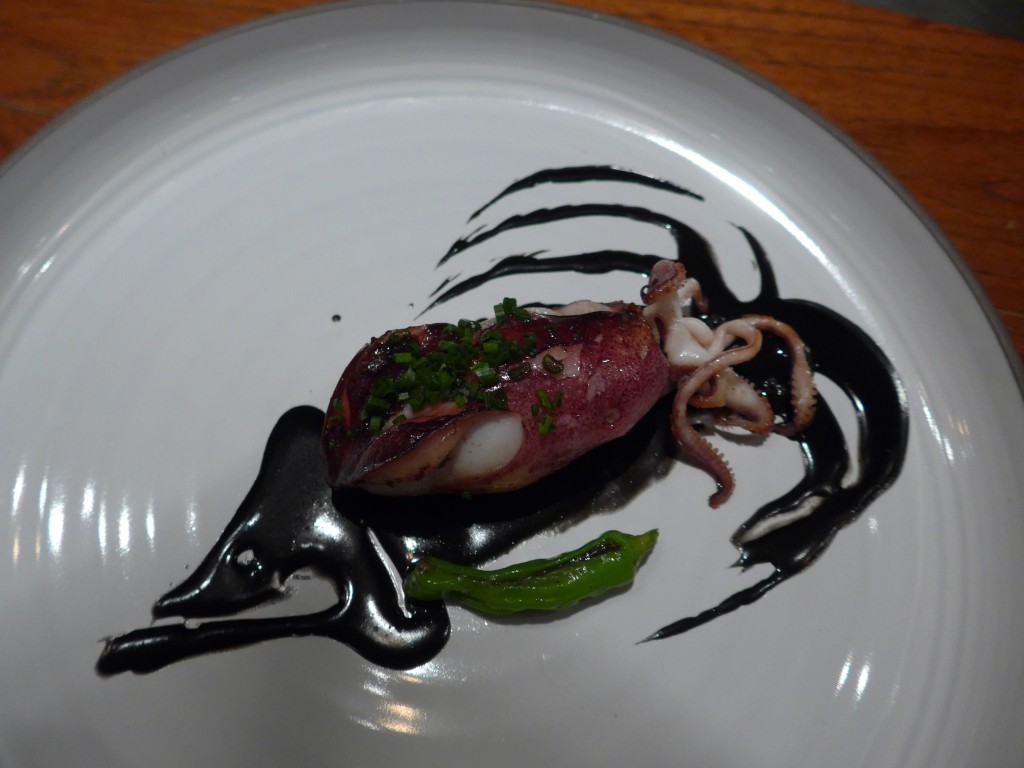 CALAMAR DOLMA: Andaman Squid/ Maitake/ Ink/ Sugar Snap Peas (Photo by Cheryl Tiu)