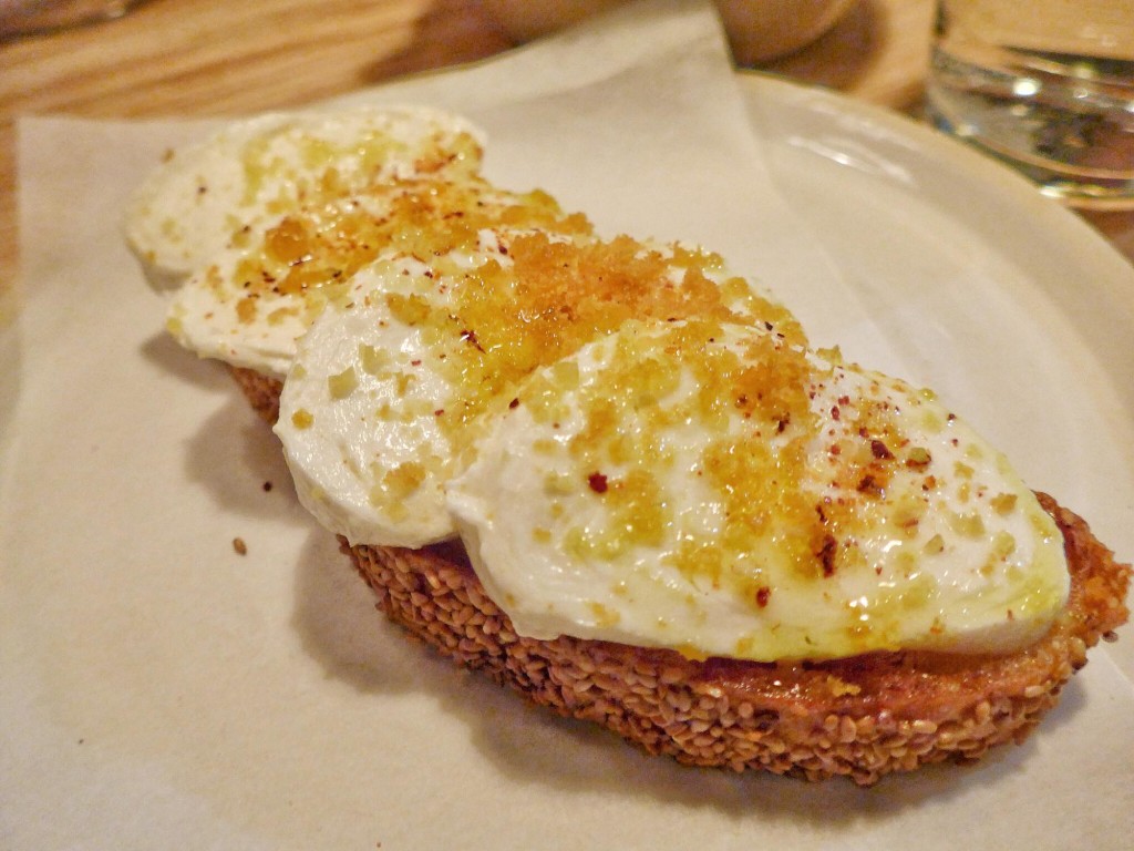 Homemade mozzarella on toasted garlic bread with bottarga (Photo by Cheryl Tiu)