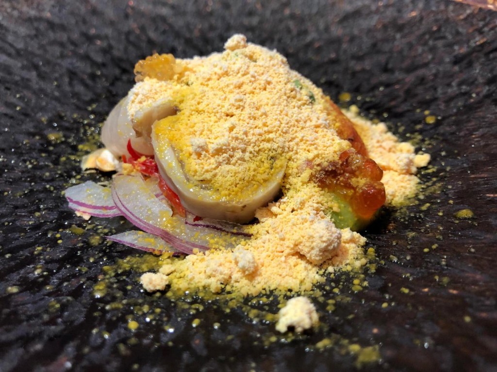 One of Maido's signature dishes-- the aji amarjillo sauce is done in nitrogen form! AJI AMARILLO CEBICHE: Abalone, sea urchin, Tiger's milk with aji amarillo nitro, cebiche jelly, avocado, cancha-toasted corn (Photo by Cheryl Tiu)