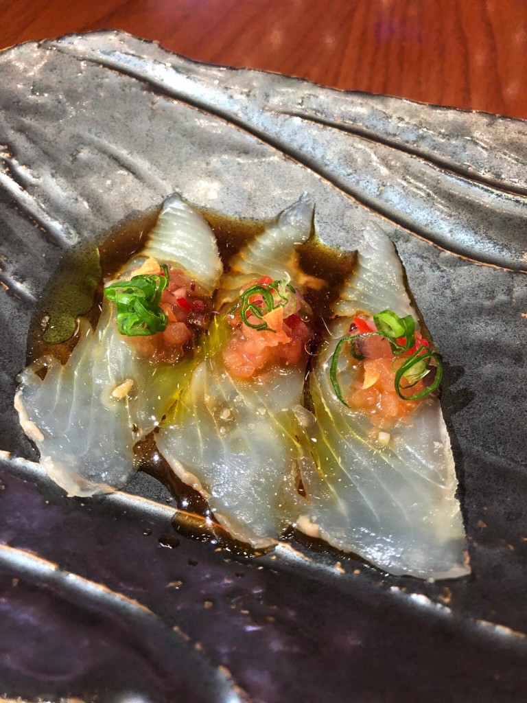 This was so fresh, with the flavors so delicately complementing each other. USUZUKURI: Thinly sliced sole, ponzu, rocoto chili, concasse tomato, crispy garlic, olive oil (Photo by Cheryl Tiu)