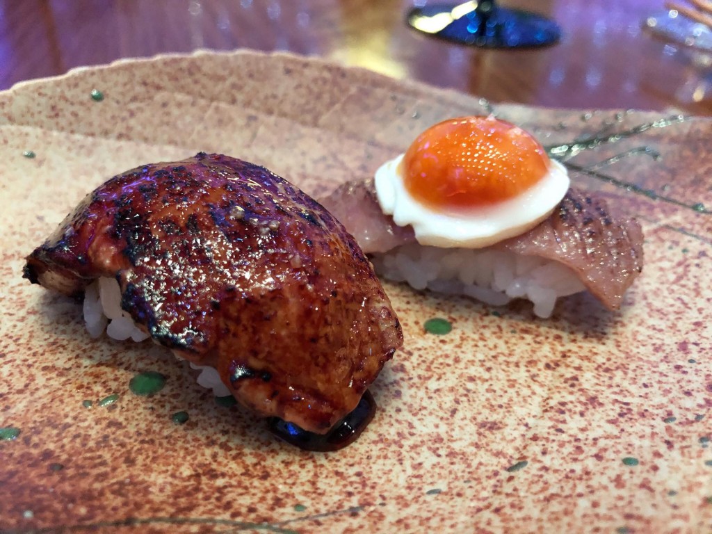 At Aji, dishes from Maido in Peru are also featured in the menu like these nigiris of earth: foie gras with eel sauce, and wagyu with ponzu sauce, topped with quail egg. (Photo by Cheryl Tiu) 