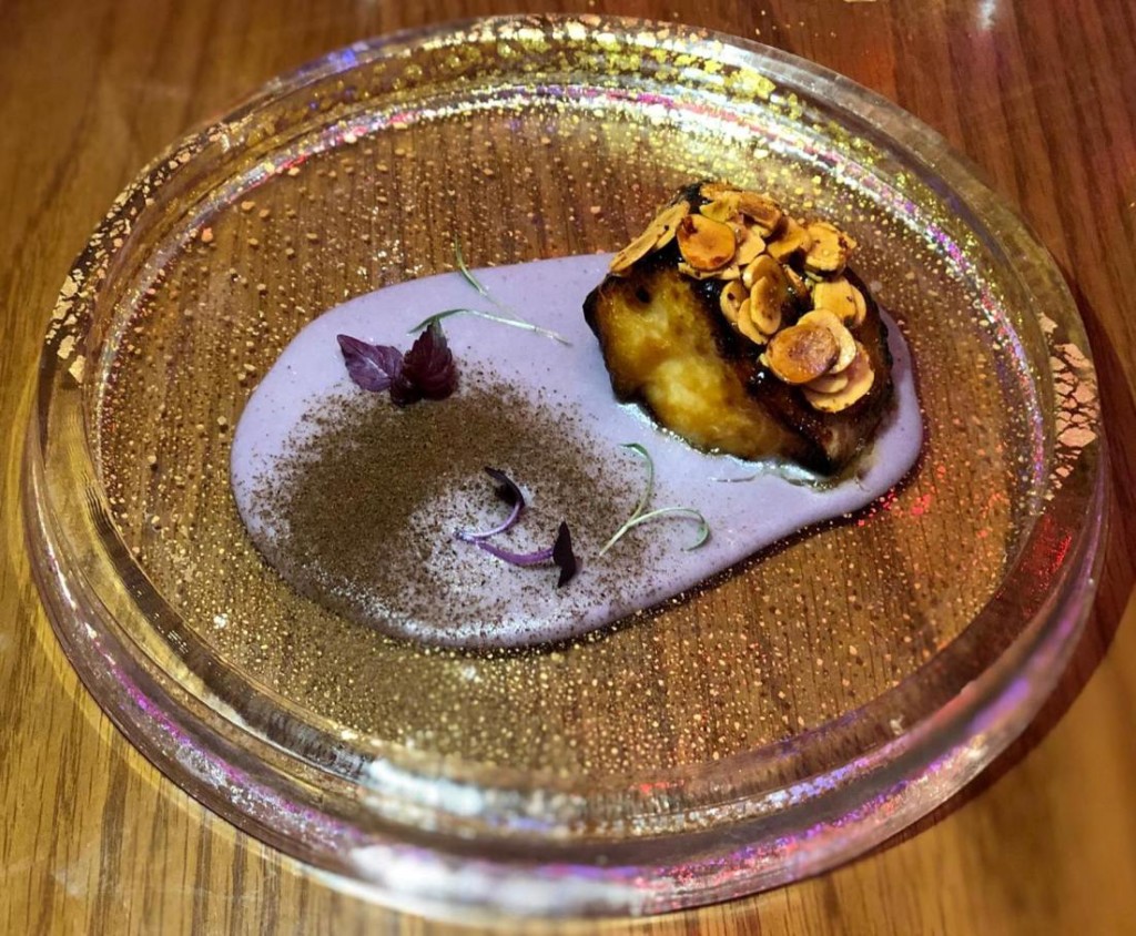 How amazing to have a PURPLE potato puree?! This is just one of the many potatoes in Peru! GINDARA MISOYAKI: Black cod, saikyo miso, amazonic nuts, native potato cream, Potcon mushroom powder (Photo by Cheryl Tiu)