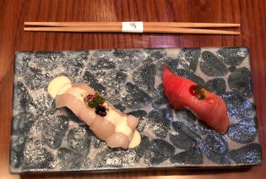 So gorgeous and fresh! Aji has its own nigiris. NIGIRI OF THE SEA: Toro from Nagasaki with soy sauce and ponzu + Scallops from Hokkaido with maca emulsion grape and chalaca (Photo by Cheryl Tiu)