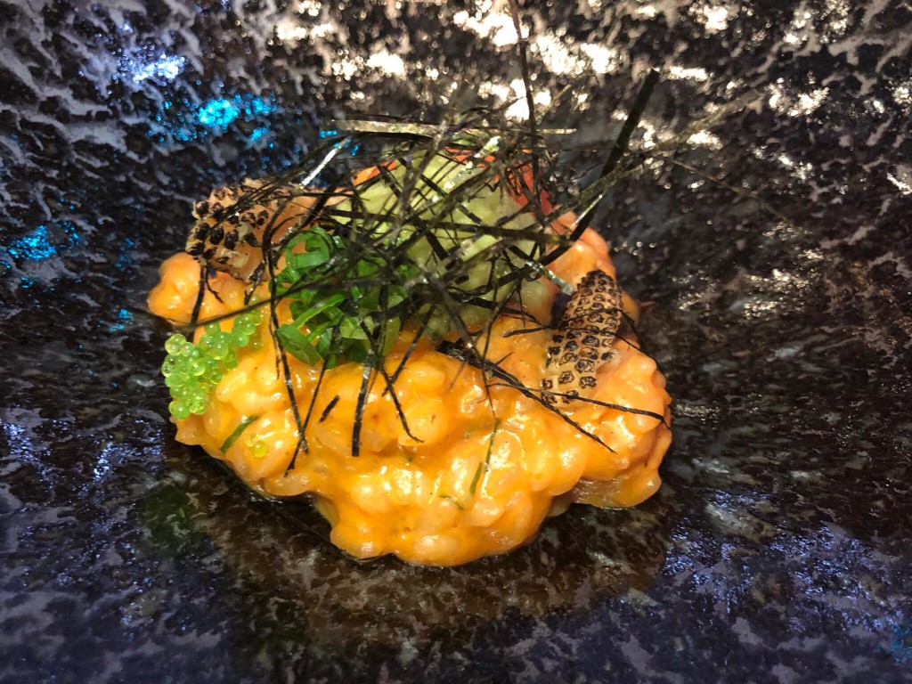 I try hard to avoid carbs but this was sooo good, I goobled it up in 3 spoons! SEA URCHIN CREAMY RICE: Sea urchin, baby corn, aji amarillo, wanji (cloud ear fungus), avocado cream (Photo by Cheryl Tiu)