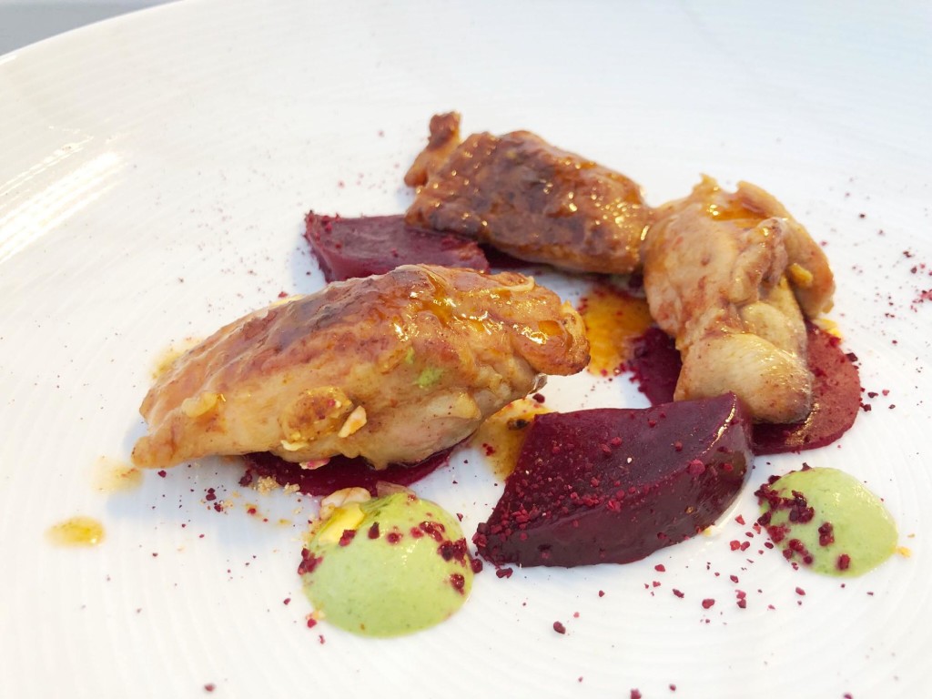 Second course: Antichuchos de pollo, tamarind habanero glaze, mojo verde, baby beetroot, crispy cancha corn (Photo by Cheryl Tiu)