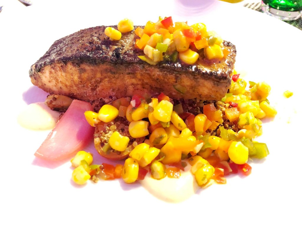 Main course (I chose fish; there was a pork option): Mexican Adobo spice Atlantic salmon, red quinoa, edamame, Huancaina cream, chili corn salsa (Photo by Cheryl Tiu)