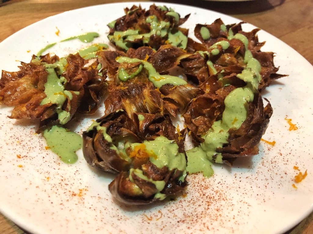 Blackened artichokes served with green goddess dressing (Photo by Cheryl Tiu)