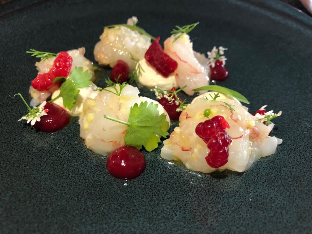 Langoustine Tartare with Raspberry and Coriander-- super fresh, smooth and sublime-- what a great way to start the meal (Photo by Cheryl Tiu)