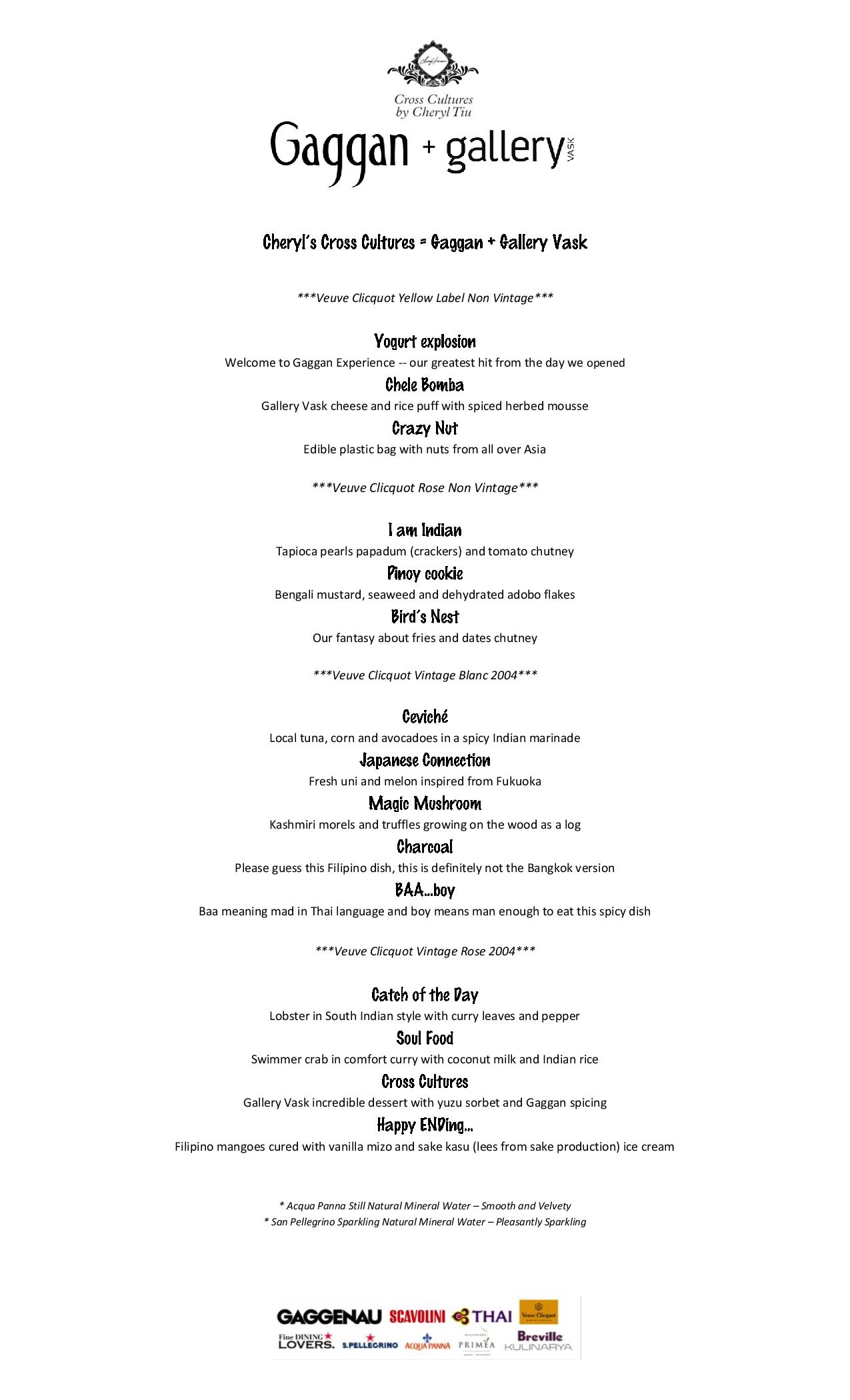 "Cheryl's Cross Cultures = Gaggan + Gallery Vask" Menu, as written by Gaggan 